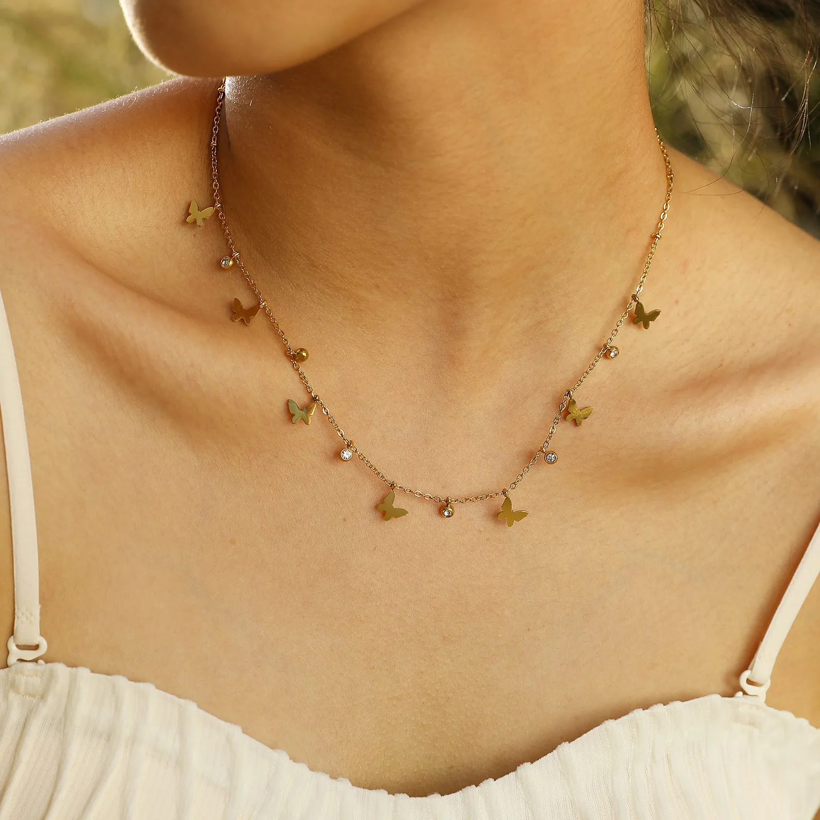 Women Girls Lover Dainty Butterfly CZ Stone Chain Necklace, Chic Heart Stars Choker Stainless Steel Collar Anniversary Gifts