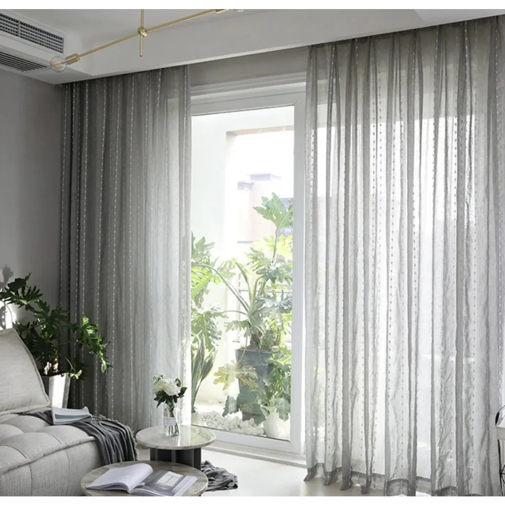 Cortina de tul gris, bola de algodón blanca, rayas verticales, pantalla de ventana bordada, sala de estar, dormitorio, balcón