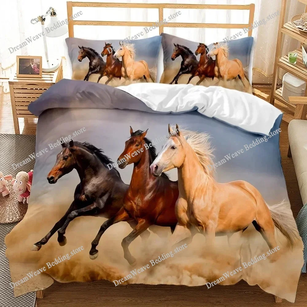 Horses HD Print Polyester Bedding Sets，Boys or Adults for Beds Quilt Cover Pillowcase Bedding Set，Teens King Size Bedding Set