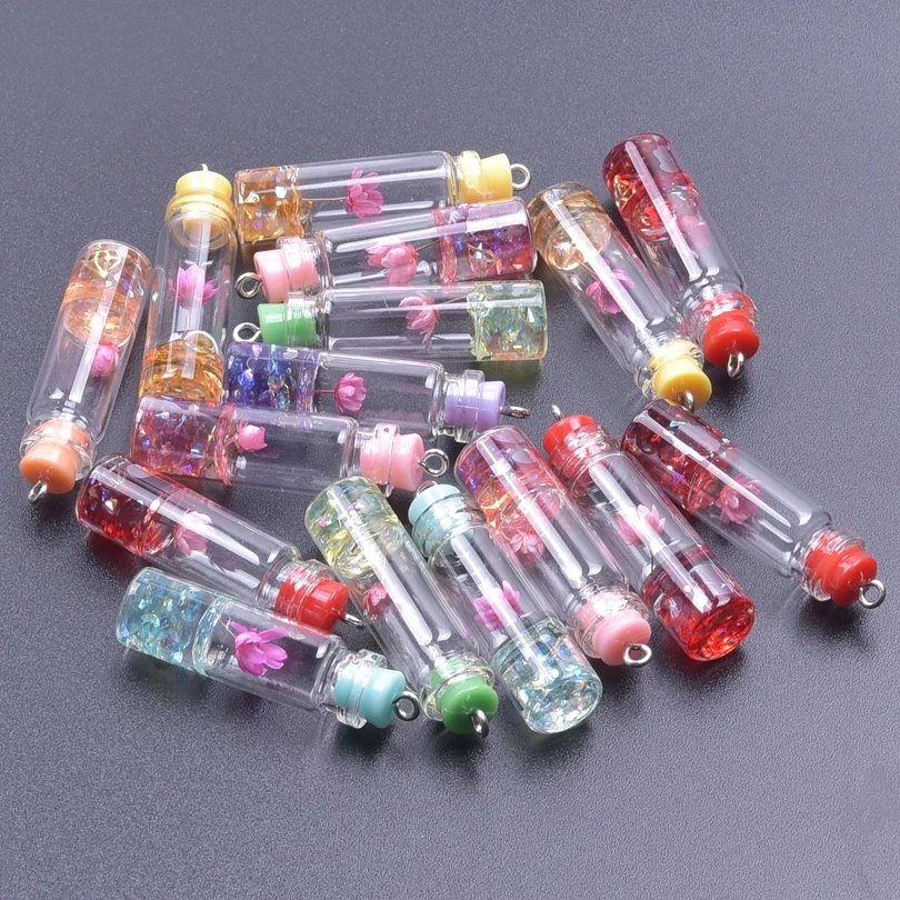 10Pcs Cute Mulitcolor Flowers stored in drift Bottle Resin Pendants Charms for Jewelry Making Diy Mini Crafts Material Wholesale