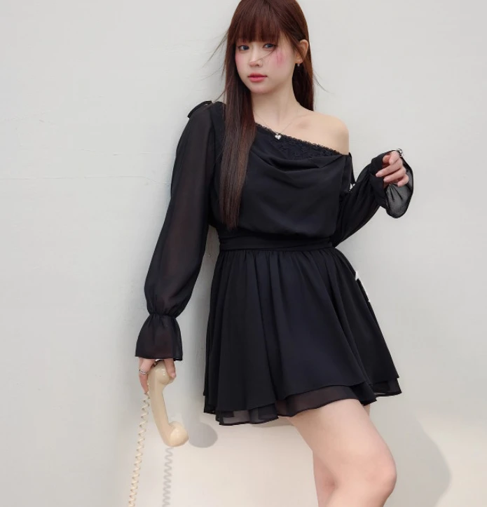 فستان شيفون كبير الحجم برقبة مائلة فرنسية مكشوفة الأكتاف وأكمام طويلة منتفخة، فساتين كورية حلوة متعددة الاستخدامات باللون الأسود بخصر عالٍ #5