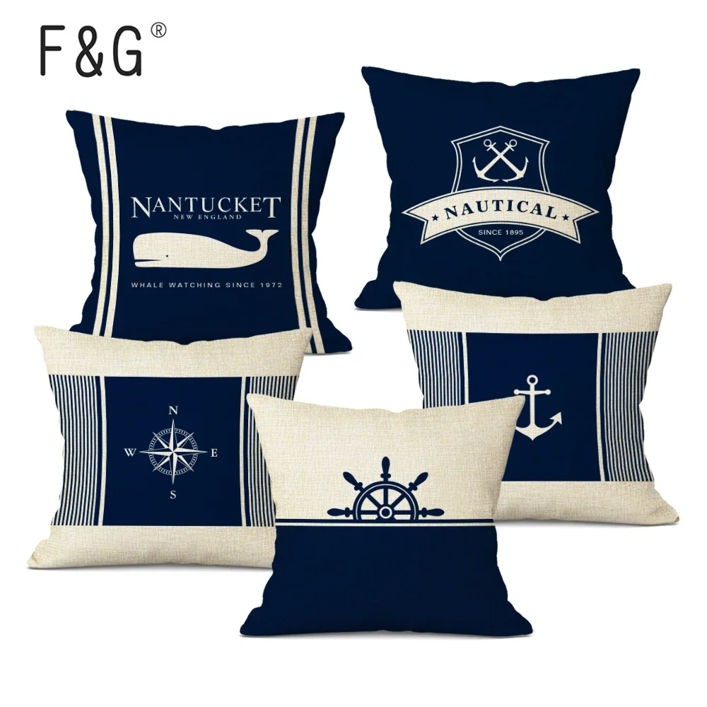 Vintage Navy Blue Decorative Cushions Cover Navigation Style Print Throw Pillow Case for Home Sofa Decor