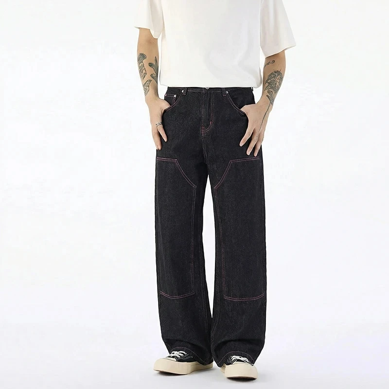 Edgy Men's Jeans Contrast Stitch Large Patch Pocket Black Wash Wide Leg Fit Streetwear Letter Printting Denim Pants