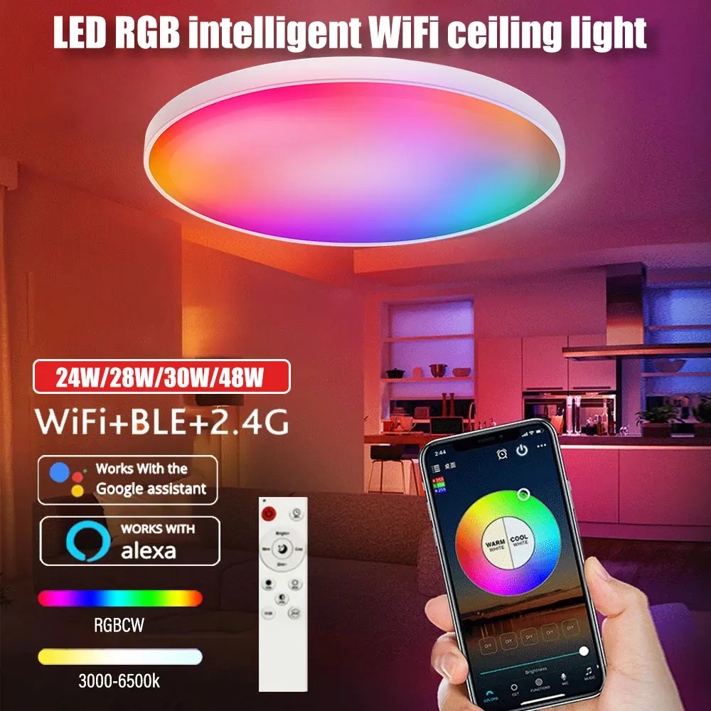 

LED Smart WiFi Ceiling Light RGB Backlight 30w/48w Compatible with Alexa Google Home Dimmable Music Sync for Living Room Bedroom