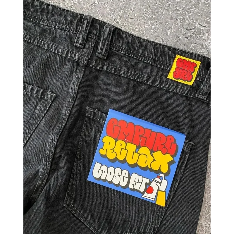 Graphic Gothic Cartoon Bordado Jeans Baggy, Calças Pretas para Homens e Mulheres, Calças de Perna Larga, Streetwear Y2K Hip Hop, Empyre, Novo