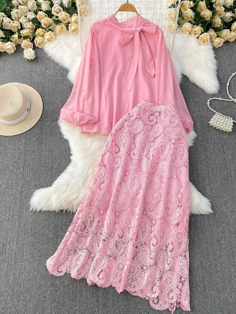 Women Two Piece Sets Skirt Set Round Neck Lantern Sleeve Tops Long Skirts Lace Slim Fit A Line High Waist Y2k Streetwear Elegant