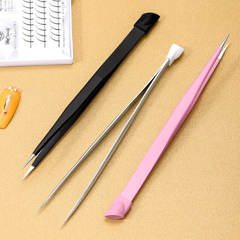 1Pc Nail Tweezers With Silicone Pressing Head For 3D Sticker Rhinestones Picker Straight Curved Manicure Nail Art Tools