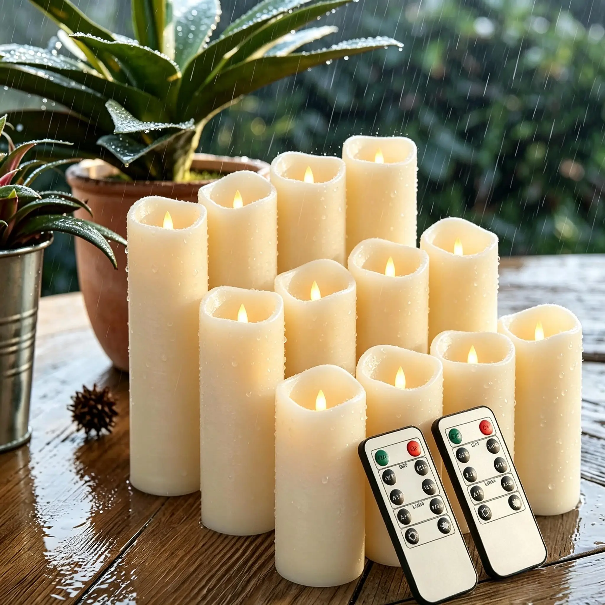Waterproof Flameless Candles Set of 12 Battery Operated LED Pillar Candle with 2 Remote Controls & Timer Flickering Indoor Outdoor Electronic Lights  for Wedding Patio Easter Bathroom Home Decor