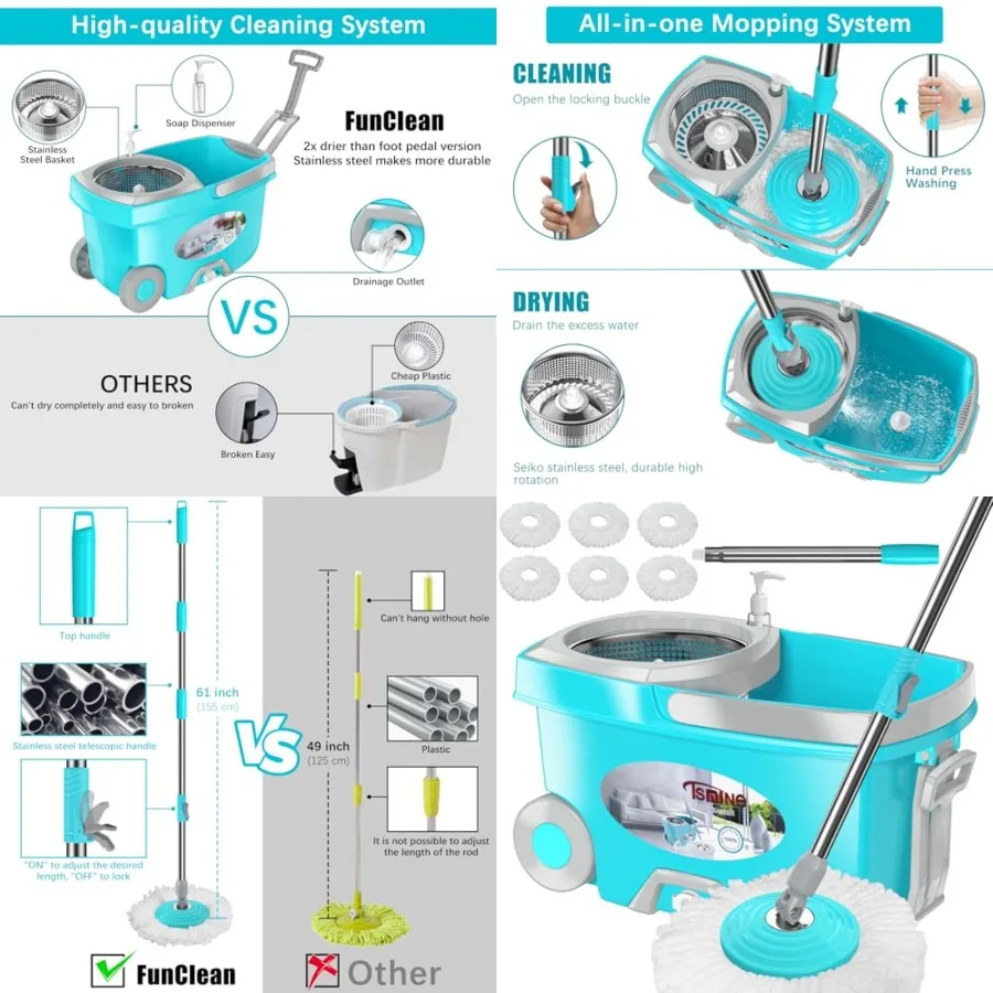

FunClean Spin Mop and Bucket, Mop and Bucket with Wringer Set for Home, 360 Spinning Mopping Floor Cleaning Tool with 6 Microfi