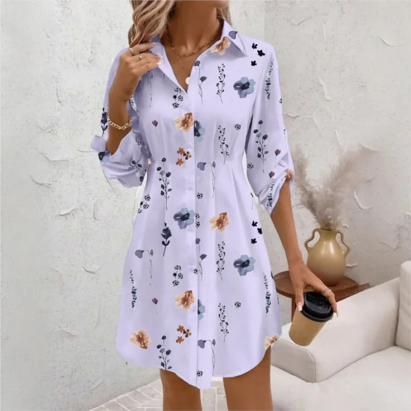 여성 셔츠 드레스 가을 캐주얼 신상 우아한 플로럴 프린트 라펠 긴팔 슬림 웨이스트 미니 드레스 여성 셔츠 베스티도스