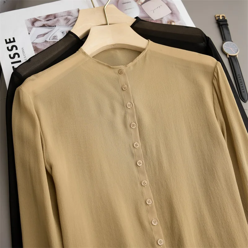 

Ultra-Light Sunscreen 100% Silk round Neck Single-Row Multi-Buckle Silk Shirt Long Sleeve T-Shirt Women's Base Coat