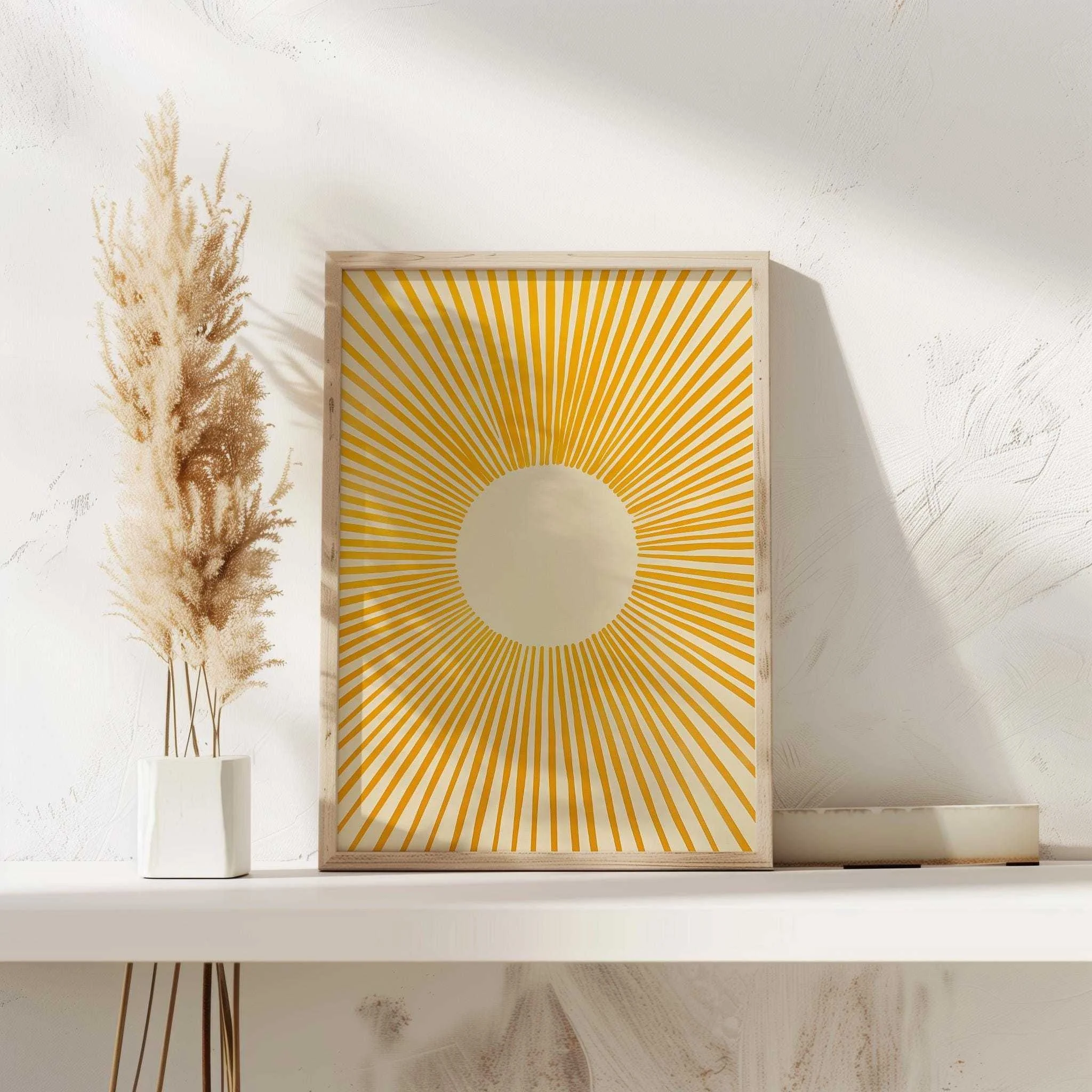 1pc Modern Sunburst Wall Art Poster | Bohemian Minimalist & Mustard Yellow Vertical Radiating Lines, Mid-Century Modern Frame