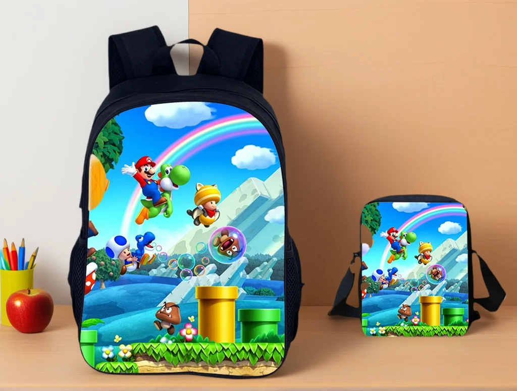 

Children Canvas School Backpack with Shoulder Bag Set-Super Mario Cartoon Rucksack Daily Use Knapsack