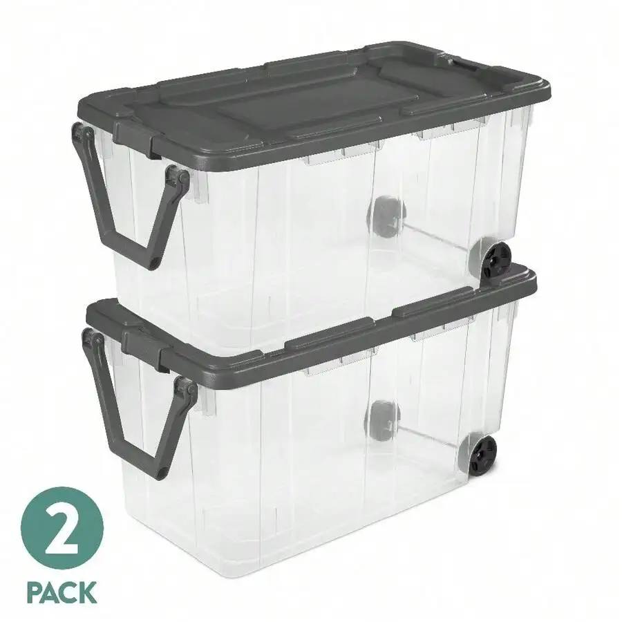 160 Quart Wheeled Stacker, Extra Large Durable Clear Bin, Latch Lid And Pull Handle, Gray, 2 Count