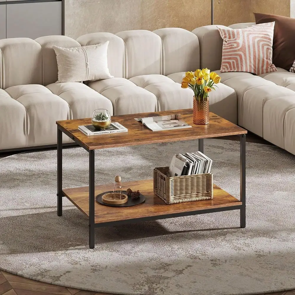

Coffee Table For Living Room, 31.3 Modern Industrial Coffee Table With Storage Shelf Metal Frame, 2Tier Wood Center Table For S