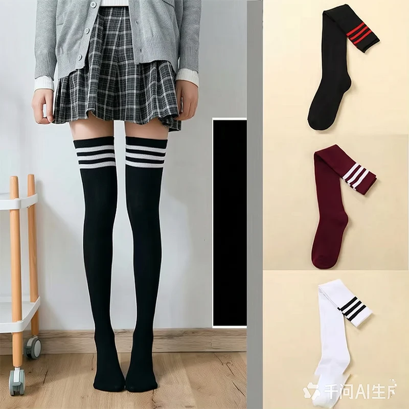 About 60cm Black White Wine Red Striped Women Long Socks Thigh High Nylon Stockings Breathable Over Knee Girls