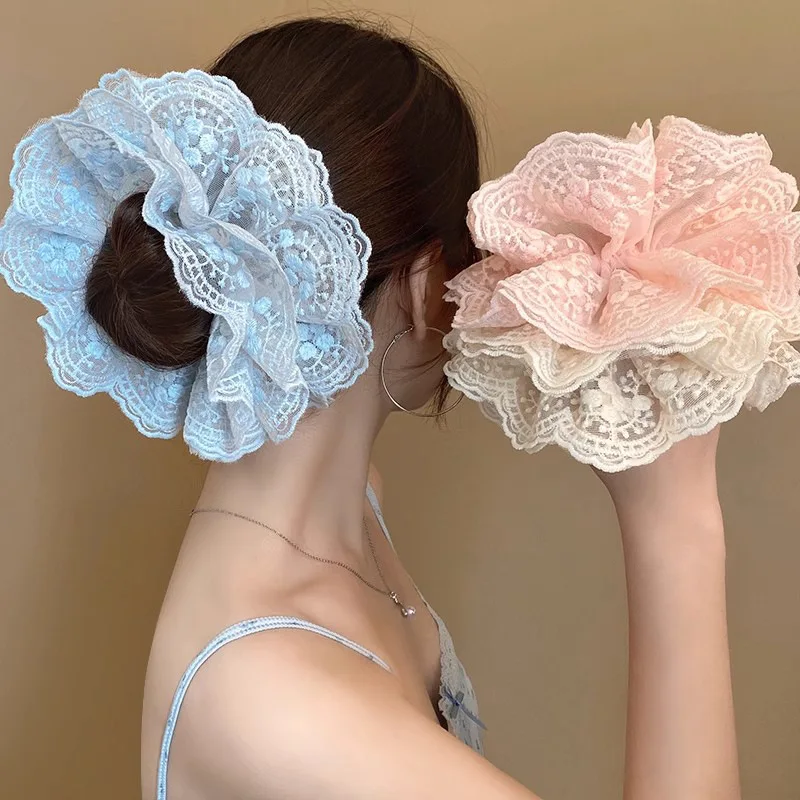 1PCLace Ruffle Scrunchies For Women Elegant Floral Embroidered Hair Ties Romantic Hair Accessory For Bun Hairstyles & Daily Wear
