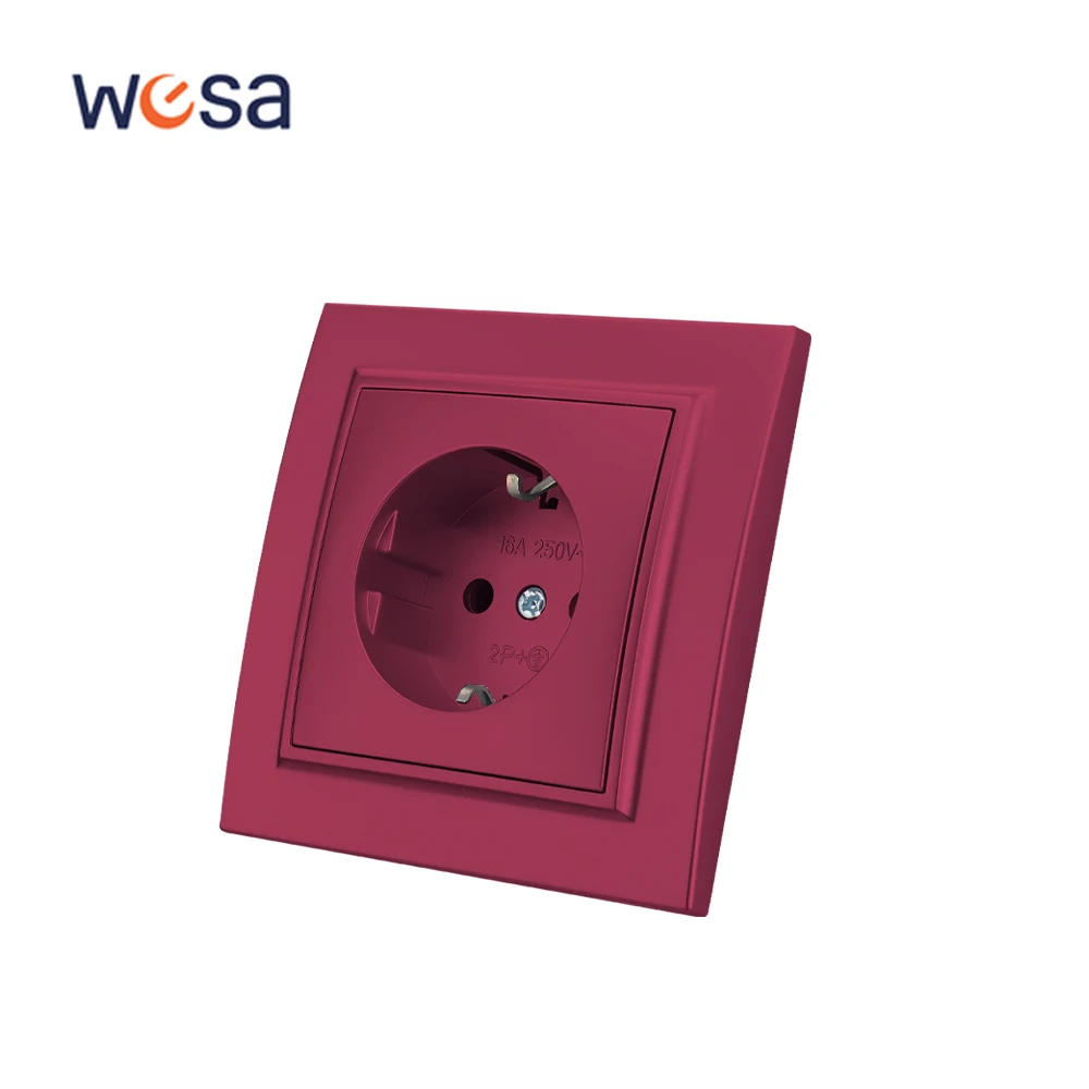 WESA Red Sockets Wall Embed Plugs Power Socket EU Electrical Outlett With Ground Flame Retardant Spray Paint Plastic Wall Socket