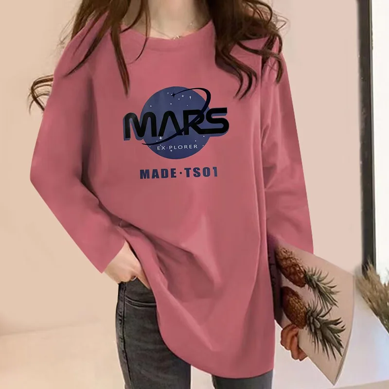 

Fashion O-Neck All-match Printed Letter T-Shirt Female Clothing 2023 Autumn New Oversized Casual Pullovers Tops Korean Tee Shirt