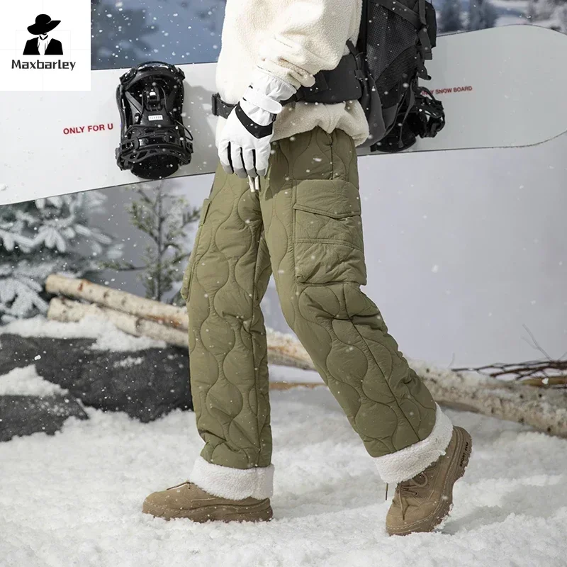 Winter Ski Down Cotton Pants Men's Women Thick Fleece-lined Versatile Trousers Casual Warm Waterproof -30 For Cold Weather Pants