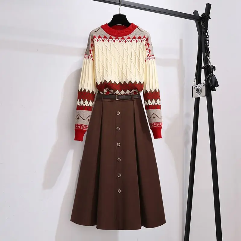 2023 Winter New Vintage Diamond Knitted Sweater Pullover Coffee Half Skirt Two Piece Elegant Women\'s Party Dress Outfits