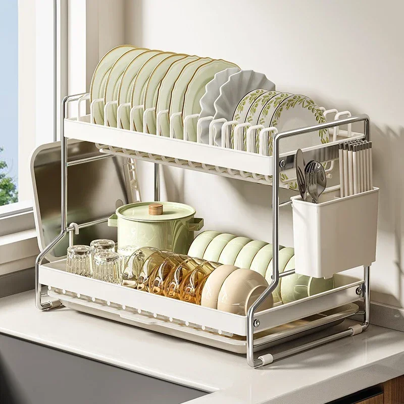 Kitchen Rust-Proof Dish Drying Rack Desktop Dishes Bowls Plate Cutlery Pot Lid Rack Organizer 2-Tier Compact Kitchen Dish Shelf