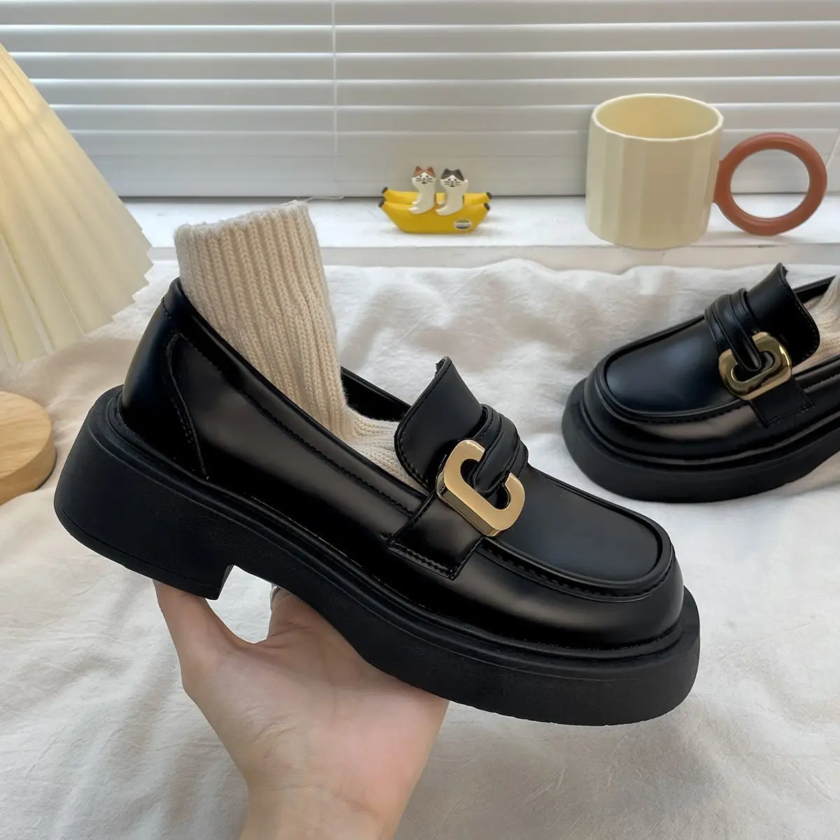 Shoes for Women 2024 Black with Medium Heels Ladies Summer Footwear Normal Leather Casual Round Toe Platform Loafers Stylish Y2k