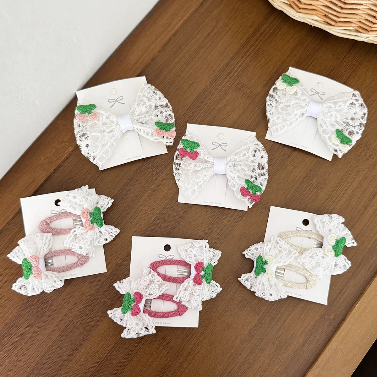 

Ribbon Lace Bow Hair Clips for Girls Side Hairpins Children Bowknot BB Barrettes ​​Embroidered Lace Cherry Printed Hairbows Clip