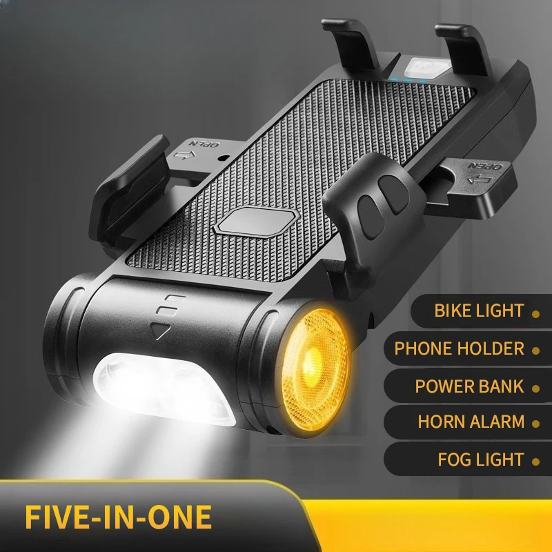 

5 IN 1 Bicycle Light with Phone Holder Power Bank Horn and Fog Light USB Rechargeable 4 Mode Cycling Safety Headlight