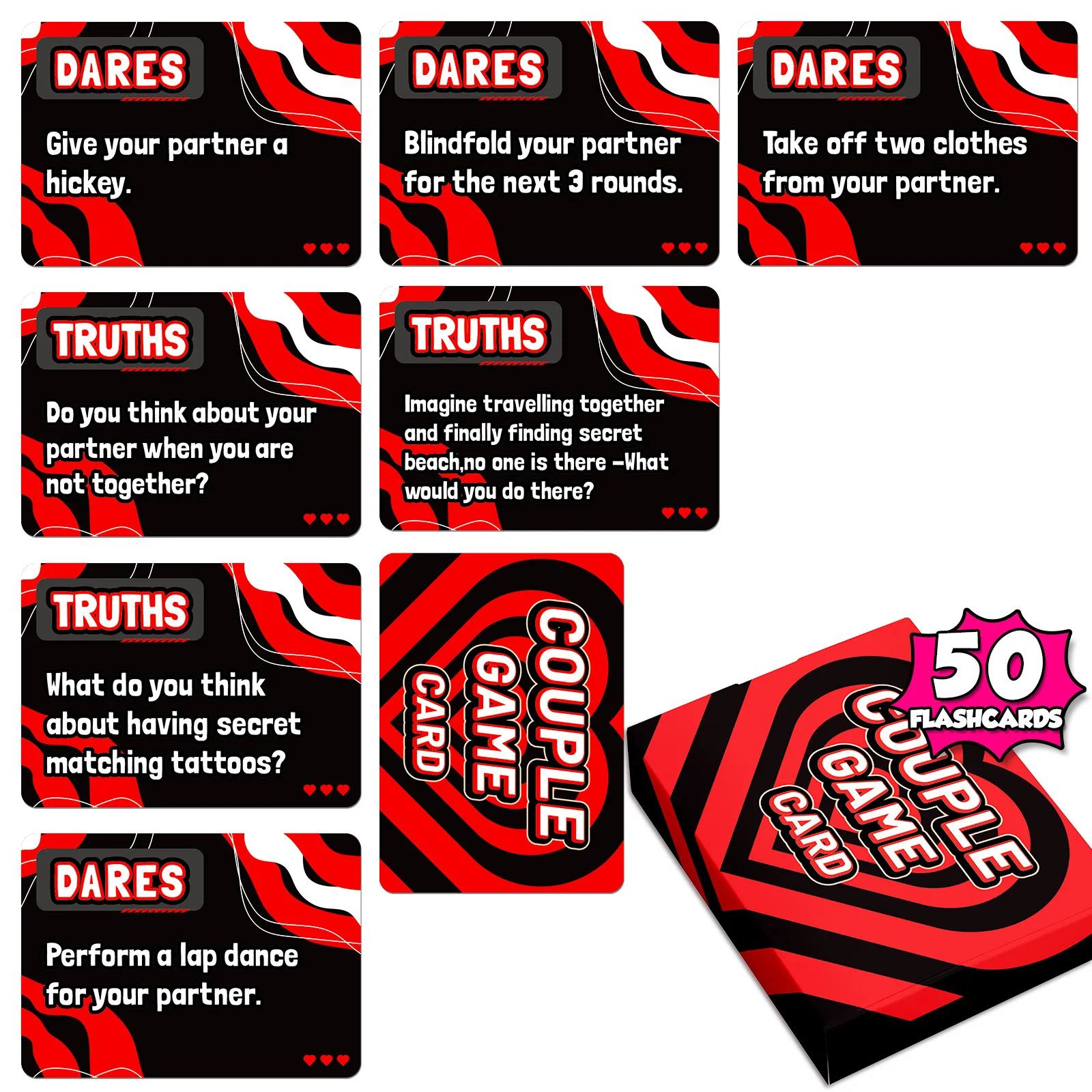 Confezione da 50 carte di relazione interattive con patta a forma di cuore, segnale d'amore, verità o diventa, gioco di carte per coppie, quiz_coppia, set di giochi di comunicazione