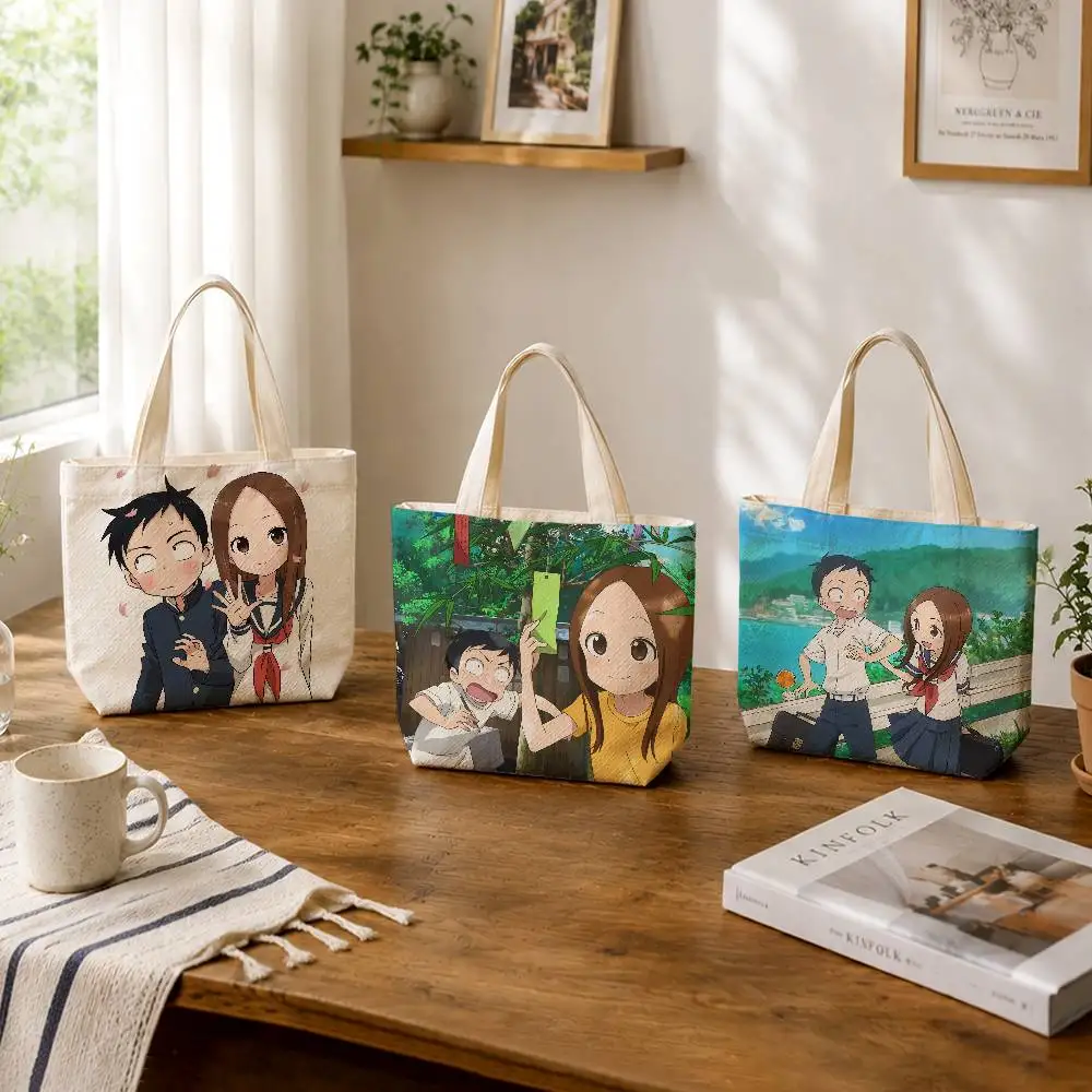 Teasing Master Takagi-san Takagi Nishikata Large Capacity Cotton Polyester Zipper Tote Bag Daily Shopping Shoulder Handbag