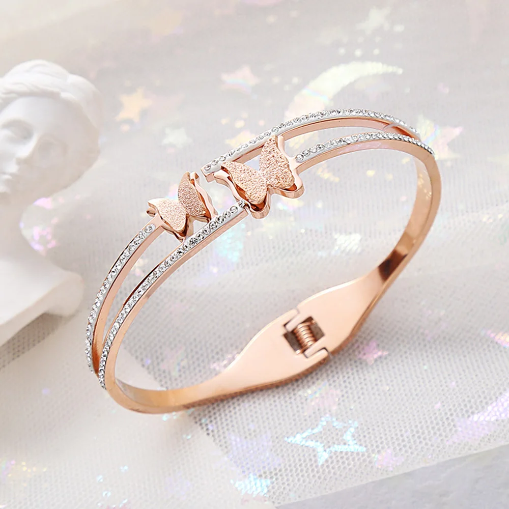 Luxury Crystal Butterfly Bracelet, Silver Gold Plated Women\'s Bracelet White, Double Layer Zircon Spring Bracelet, Girls Gift