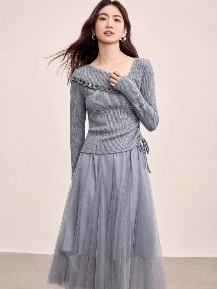 SENTUBILA Women's Sequin Sweater Skirt Set 2026 Autumn Irregular Collar Side Waist Pleated Silver Mesh Two-Piece Set Q53ZC3557