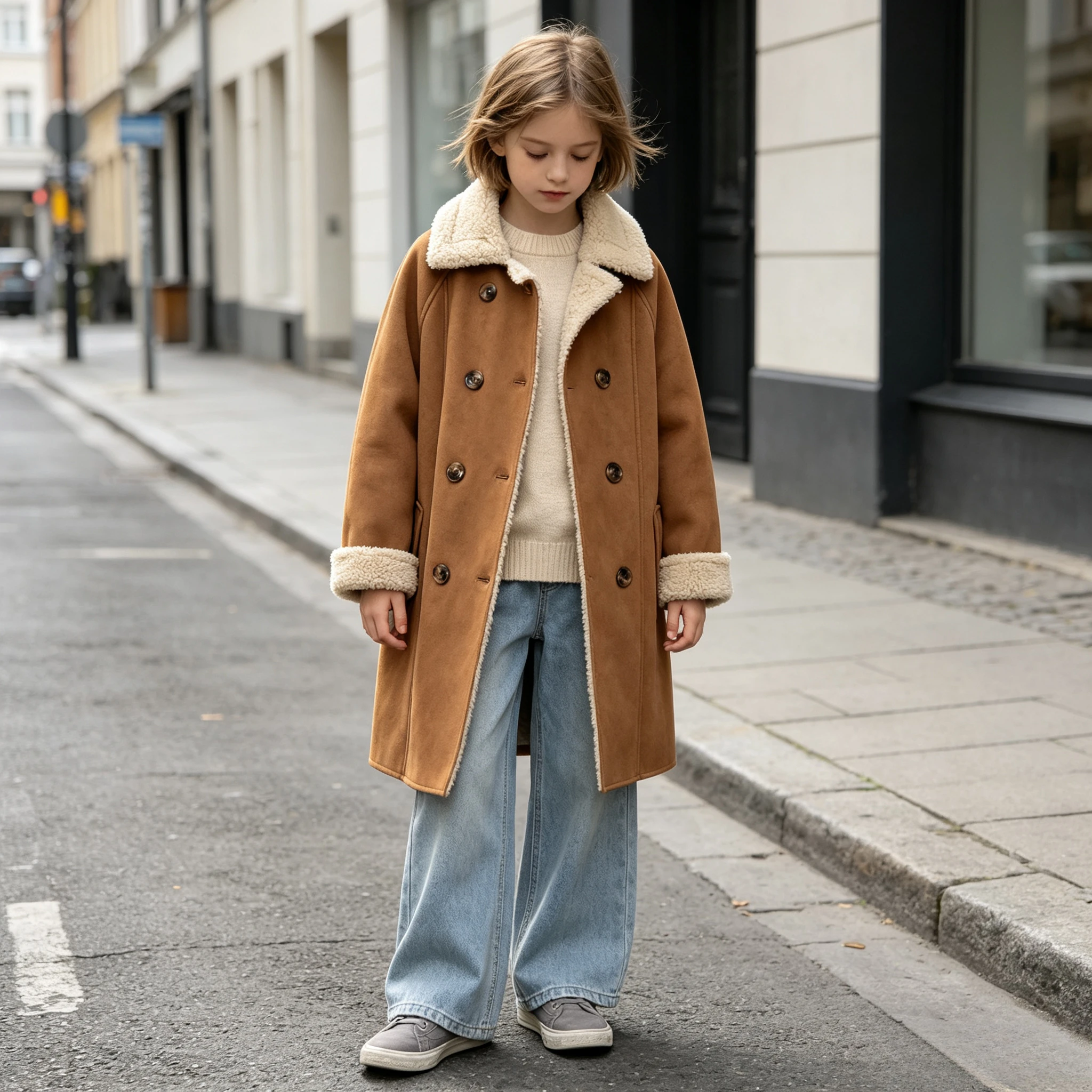 Teens Girls Winter Double Breasted Coat Mid Length Faux Suede Lamb Fleece Lined Thick Warm Kids Fur Lapel Outerwear For 6-14Y