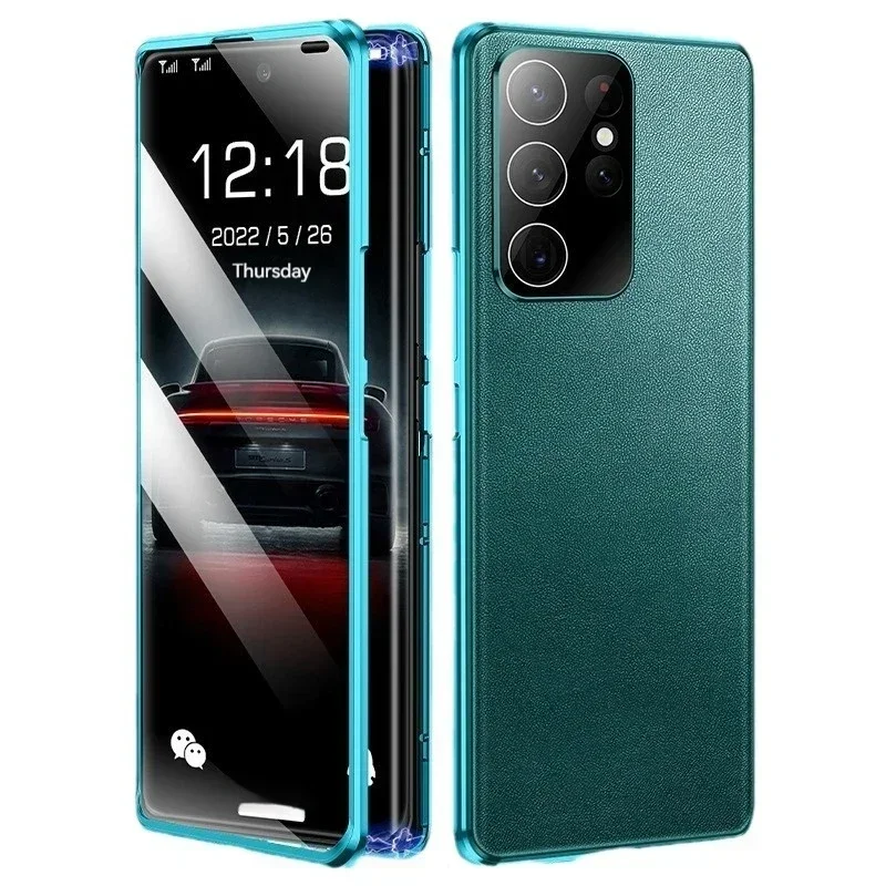 

Металлический магнитный чехол для телефона Samsung Galaxy S22 S24 Ultra из закаленного стекла, защитная кожаная задняя крышка для Galaxy S23 Ultra