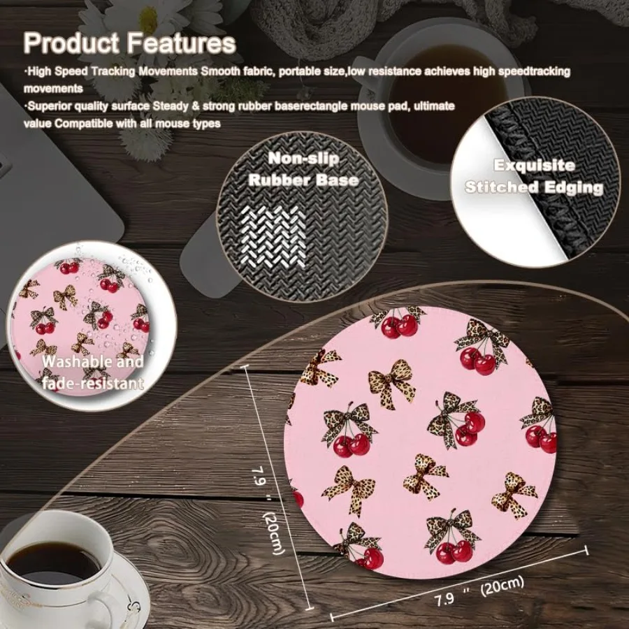 Coquette Leopard Bow Cherry Round Mouse Pad, Pink Trendy Girly Cheetah Print Bow Mousepad Mat for Home Office Computer Laptop D