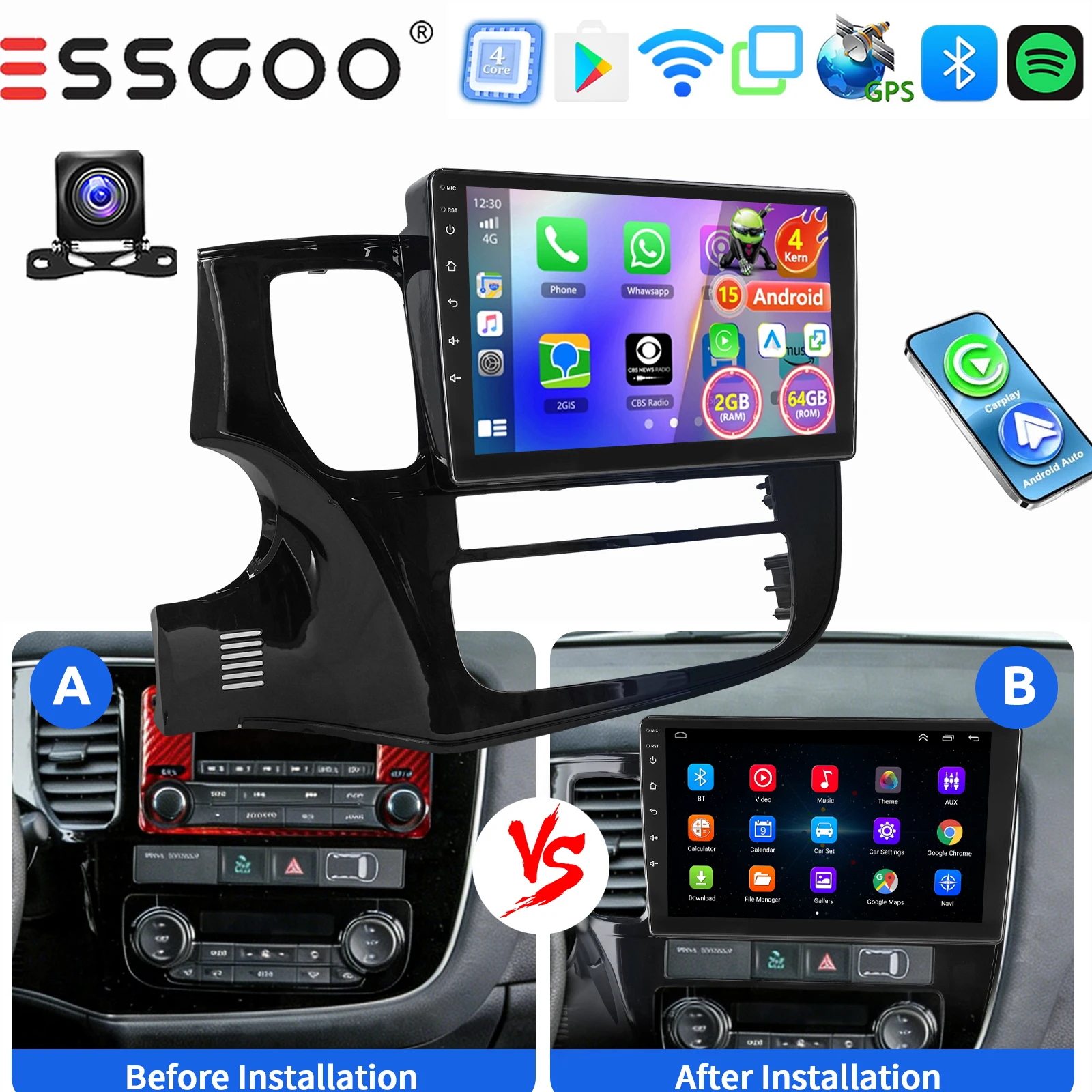 ESSGOO Draadloze Carplay Android auto 10 Inch IPS Aanraakscherm Voor Mitsubishi Outlander 2012-2018 Autoradio Android 15 GPS-navigatie WIFI Stuurwielbediening RDS Bluetooth FM Spiegellink ASP-geluid - afbeelding 1