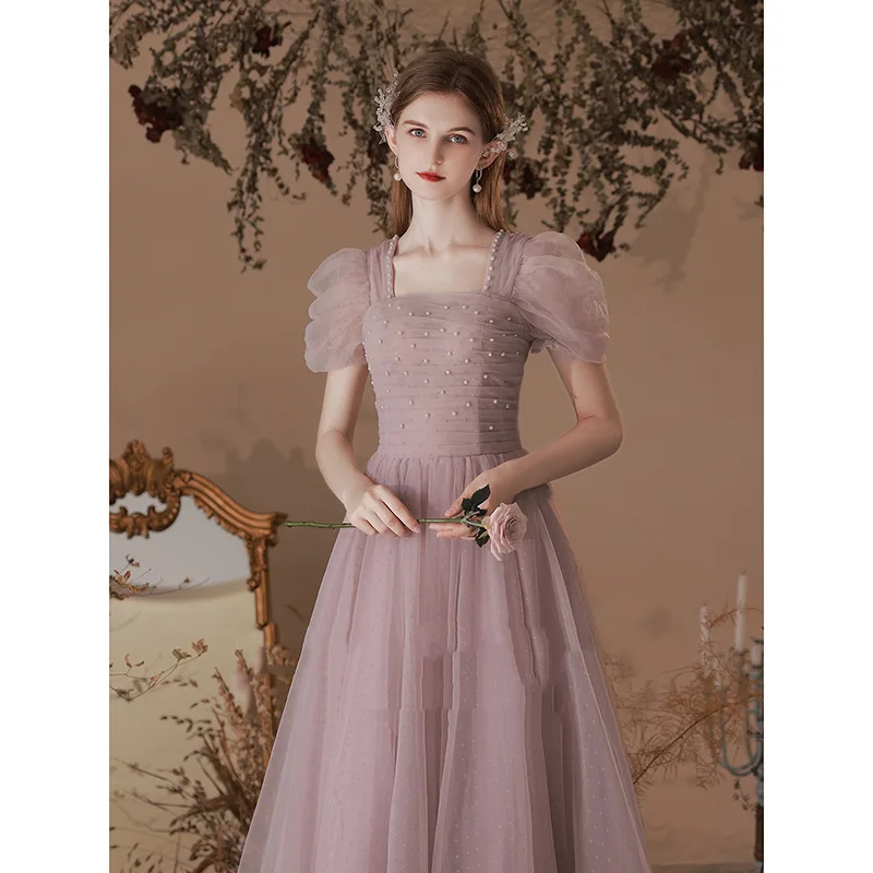 Pink Bridesmaid Dresses Elegant Dress Women For Wedding Party Puff Sleeve Pearls Beading Party Gowns Female Formal Dress