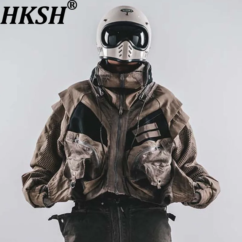 

HKSH Autumn Winter New Men's Retro Washed Functional Waste Land Detachable Collar Spliced Hollow Out Design Jacket Coat HK14863