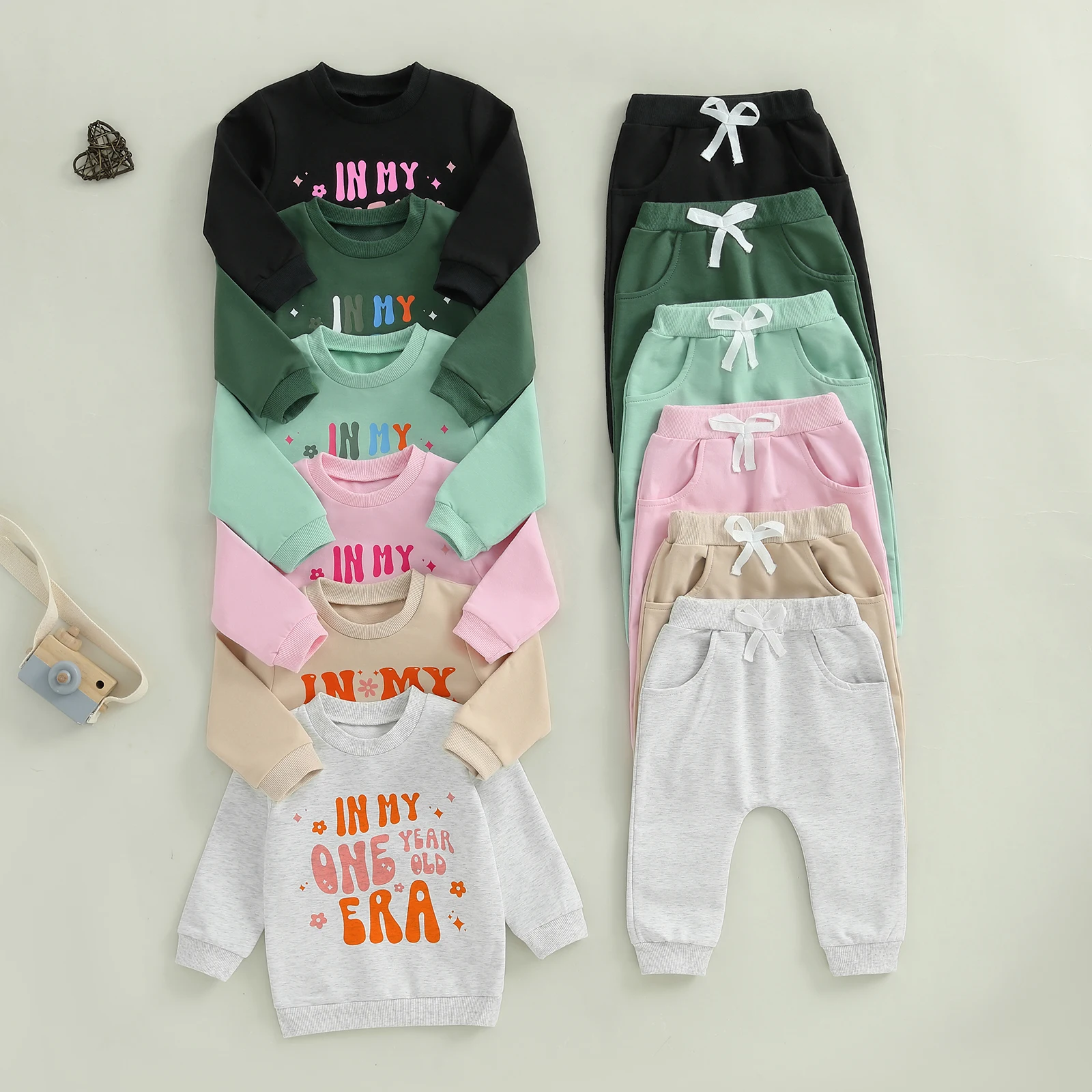 Baby Girl Letter Floral Print Long Sleeve Round Neck Pullover Sweatshirt Elastic Waist Solid Pants 2Pcs Outfit Tracksuits Set