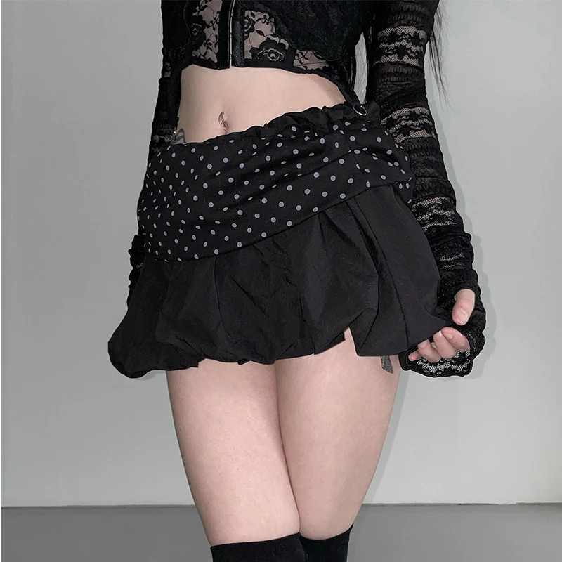 Retro Dots Printed Stitching Bud Skirt Pleated Bubble Skirt Half-Length Hot Girl Skirt Y2k Style