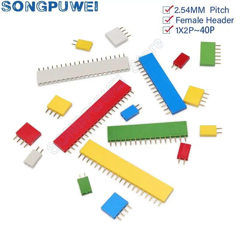 2.54MM Red/Blue/white Single Row Female PCB Board Pin Header Connector Strip Pinheader 1X2/3/4/6/8/10/20/40 Pin Colourful Socket