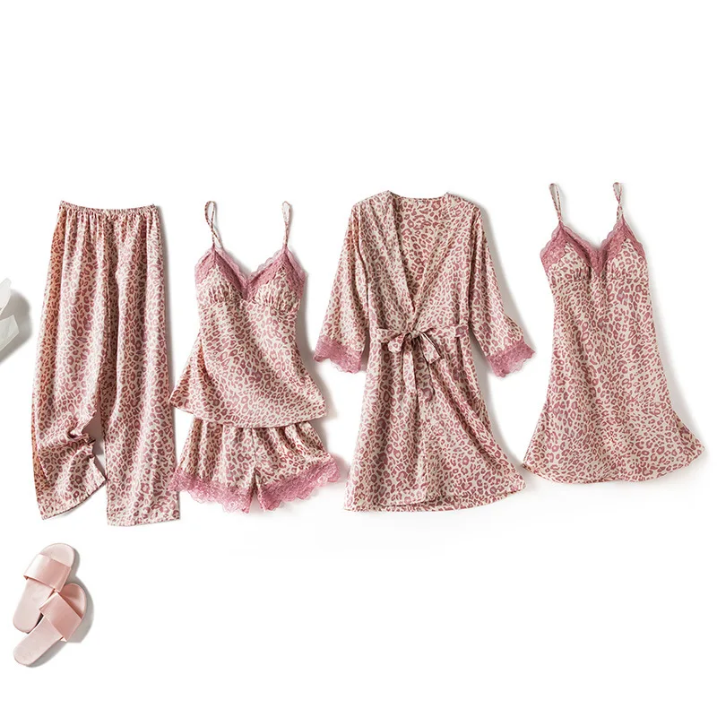 

Sexy Rayon Silk 5PCS Pajamas Set Female Sleepwear Pink Leopard Print Bathrobe Nightgown Loose Casual Pijamas Suit Home Clothes