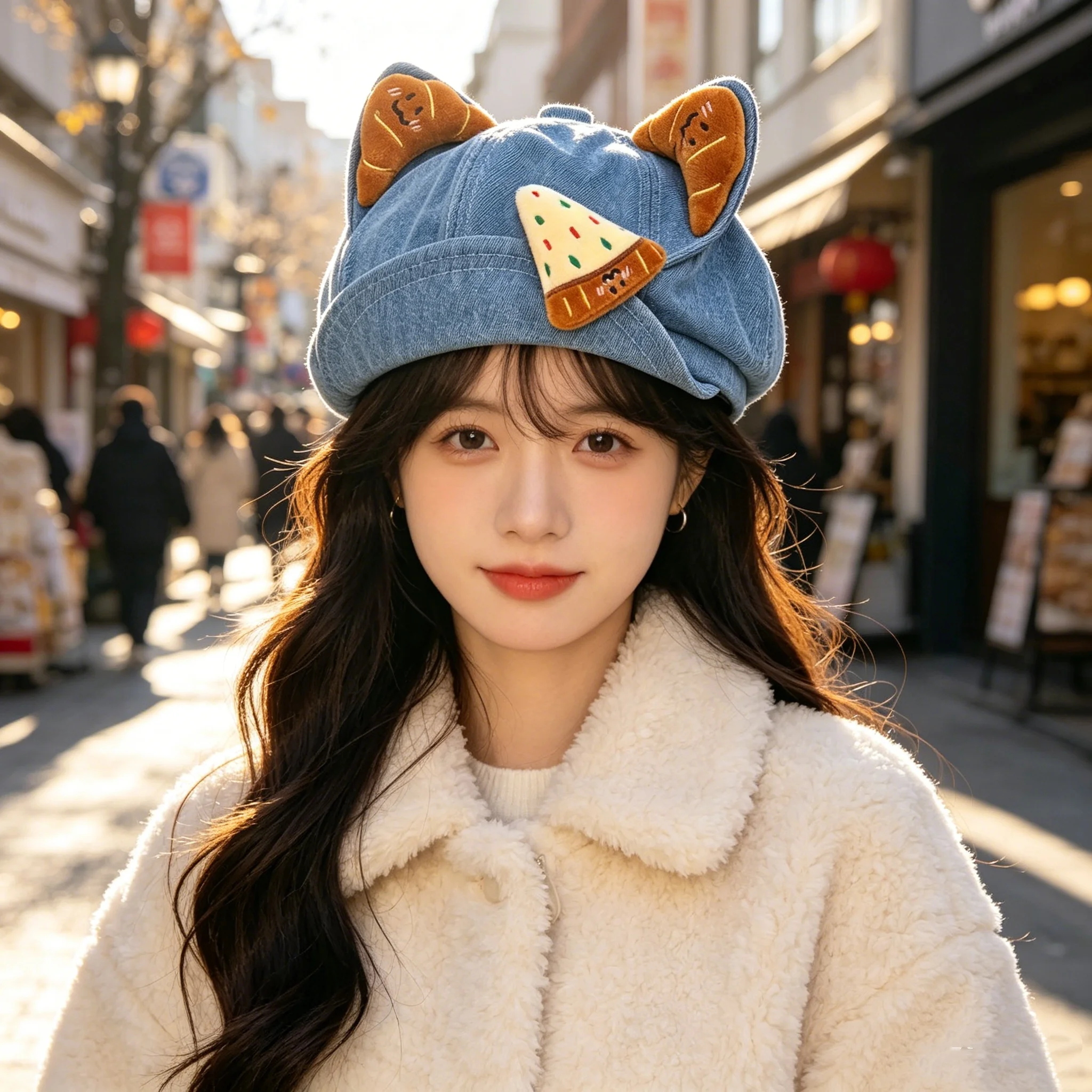 Cute Denim Beret for Women with Plush Ears and 3D Pizza Embroidery, Vintage Casual Beret, Versatile Fashion Hat for Shopping and Dating