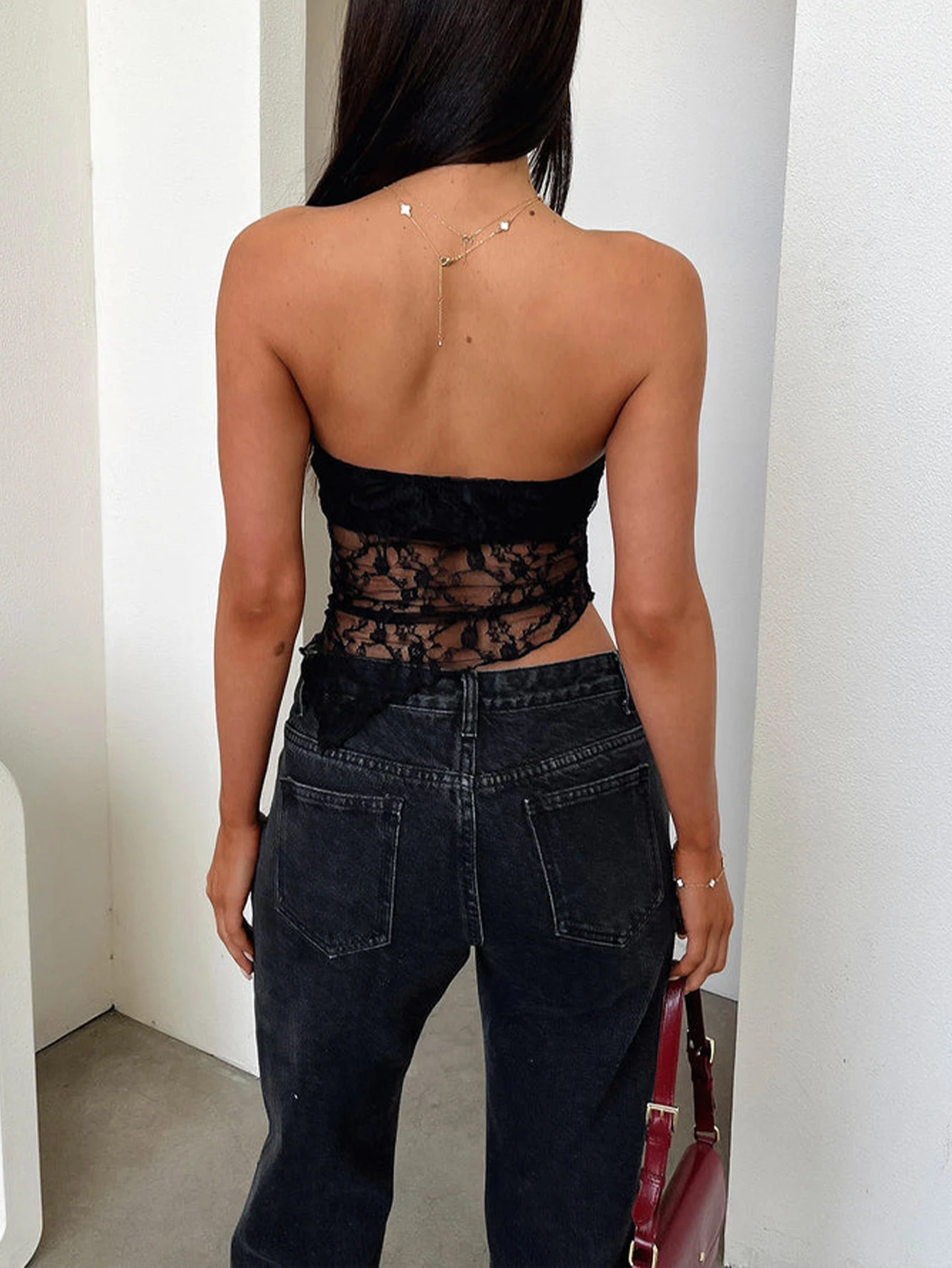 Women's Lace Trim Crop Tube Top, Casual Solid Color Sleeveless Cropped Top for Daily Wear, Ladies Clothes for Spring & Fall