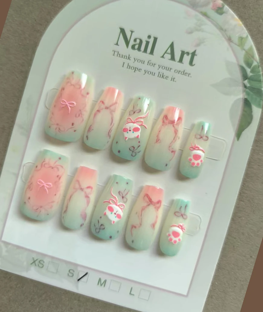

10pcs Cute Pink Cartoon Cat Removable Handmade Wear Nail Art Vitality Girl Full Cover Square False Nail Tips Bow Fake Nail Patch