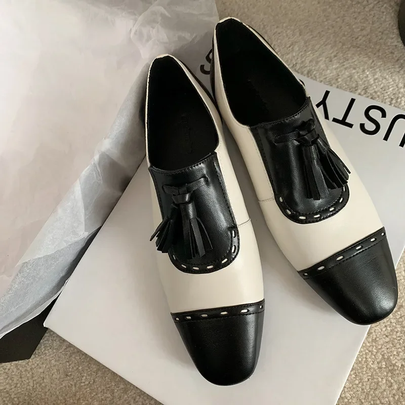 รอบ Toe Fringe ปั๊มต่ํา Chunky Heel ผสมสี SLIP-ON Casual Office เดินทาง Loafers วัวหนังฤดูใบไม้ผลิฤดูใบไม้ร่วงผู้หญิงรองเท้า