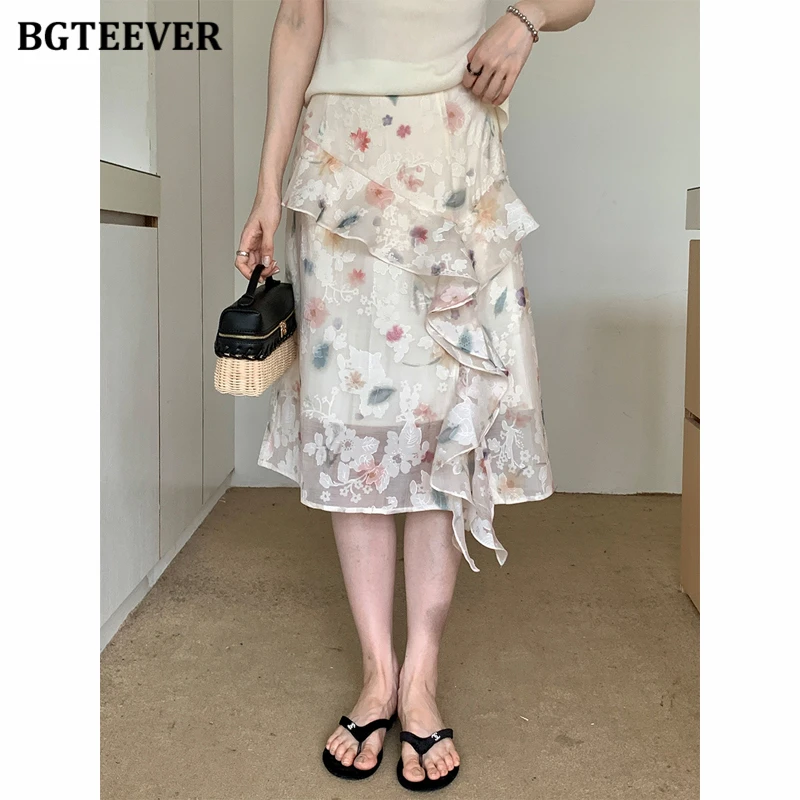 BGTEEVER French-style Floral Print Ruffled Midi Skirt Summer High-waisted A-line Skirt for Women