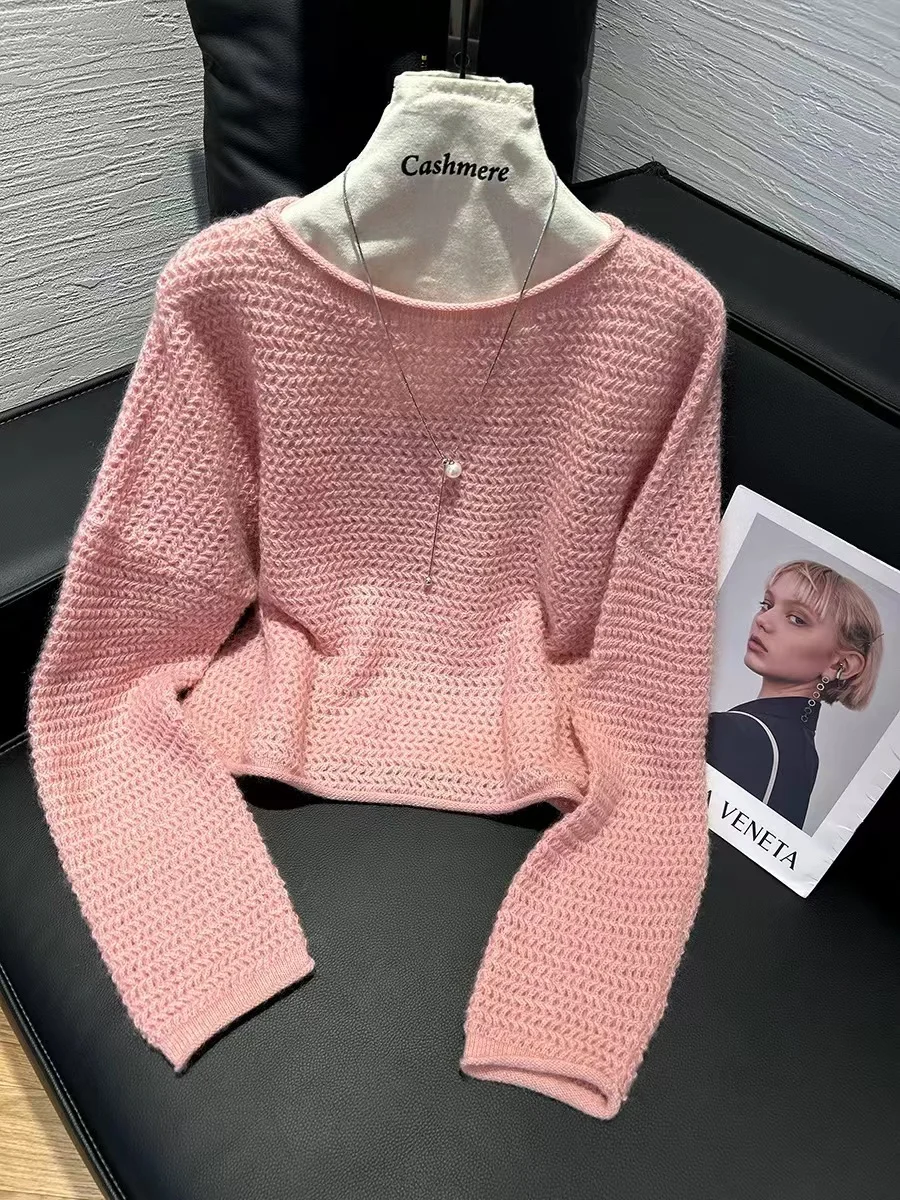 

Preppy Style Soft O-Neck Hollow Out Long Sleeve Loose Tops 100% Merino Wool Knitwear Basic Women's Cardigan Sweater Tops