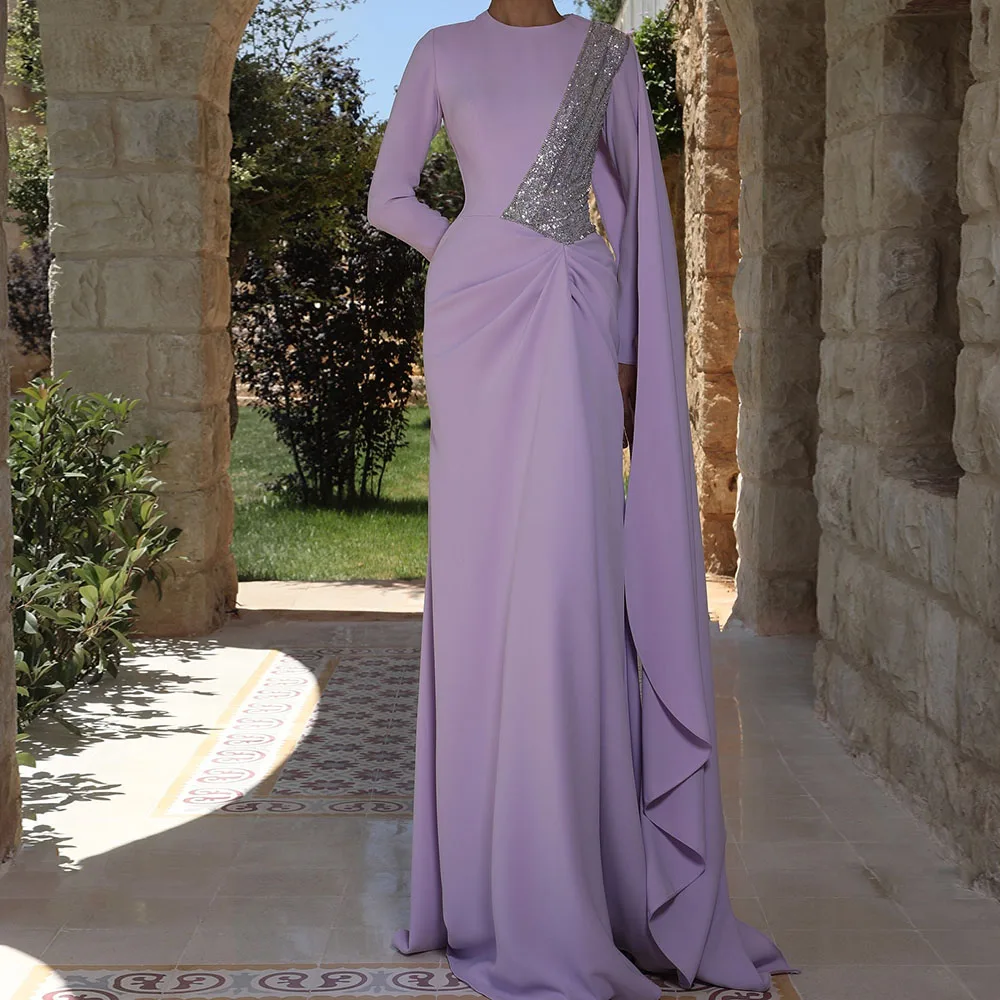 

Customized A-line Evening Dresses Floor-length O-neck Full Sleeve Prom Gown Fashion Sequined Simple Stole Draped Party Gown